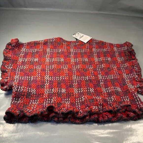 Zara Cropped Blouse Plaid Tweed Sweater Top Womens Knit Ruffled Sleeves Wool - Picture 3 of 16